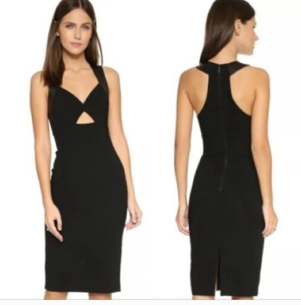 Alice + Olivia Black Midi Bodycon Dress with Front Cutout